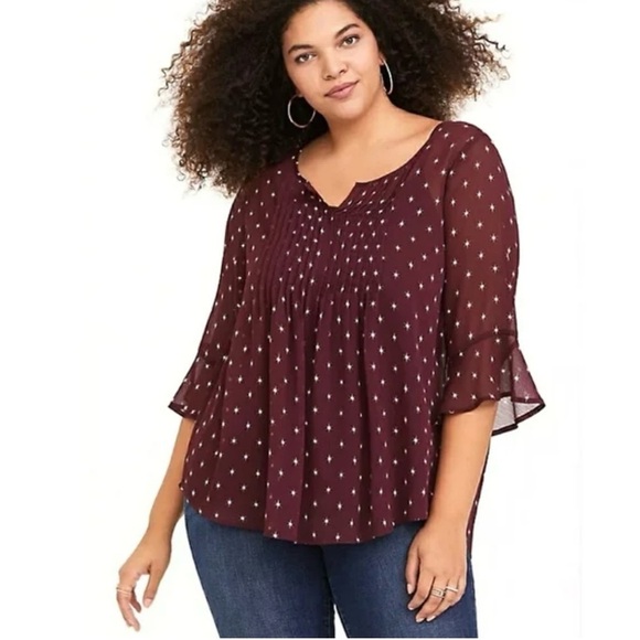 torrid Tops - Torrid Pintuck Chiffon Burgundy Dot Star Peasant Sheer Blouse Women Plus Size 4